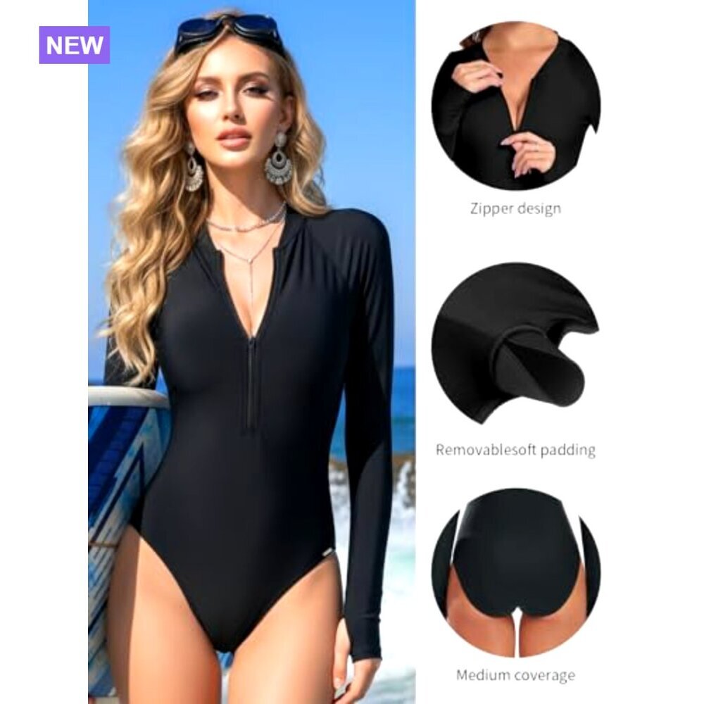 Long Sleeve Rash Guard One Piece Swimsuit with Zipper UPF 50 - Picture 3 of 7